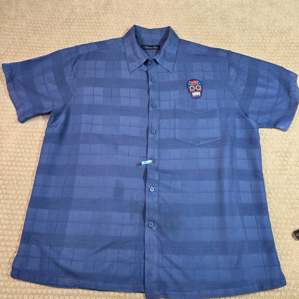 READ Milano Bay Button Down Shirt XL Blue Sugar Skull Patch Textured Plaid Rayon